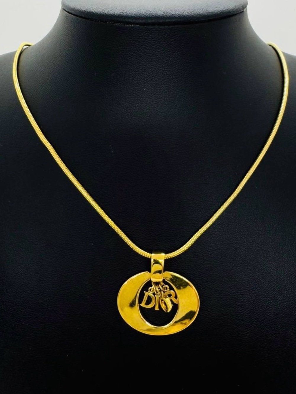 Authentic Dior Gold Circular Pendant Necklace with Logo Charm